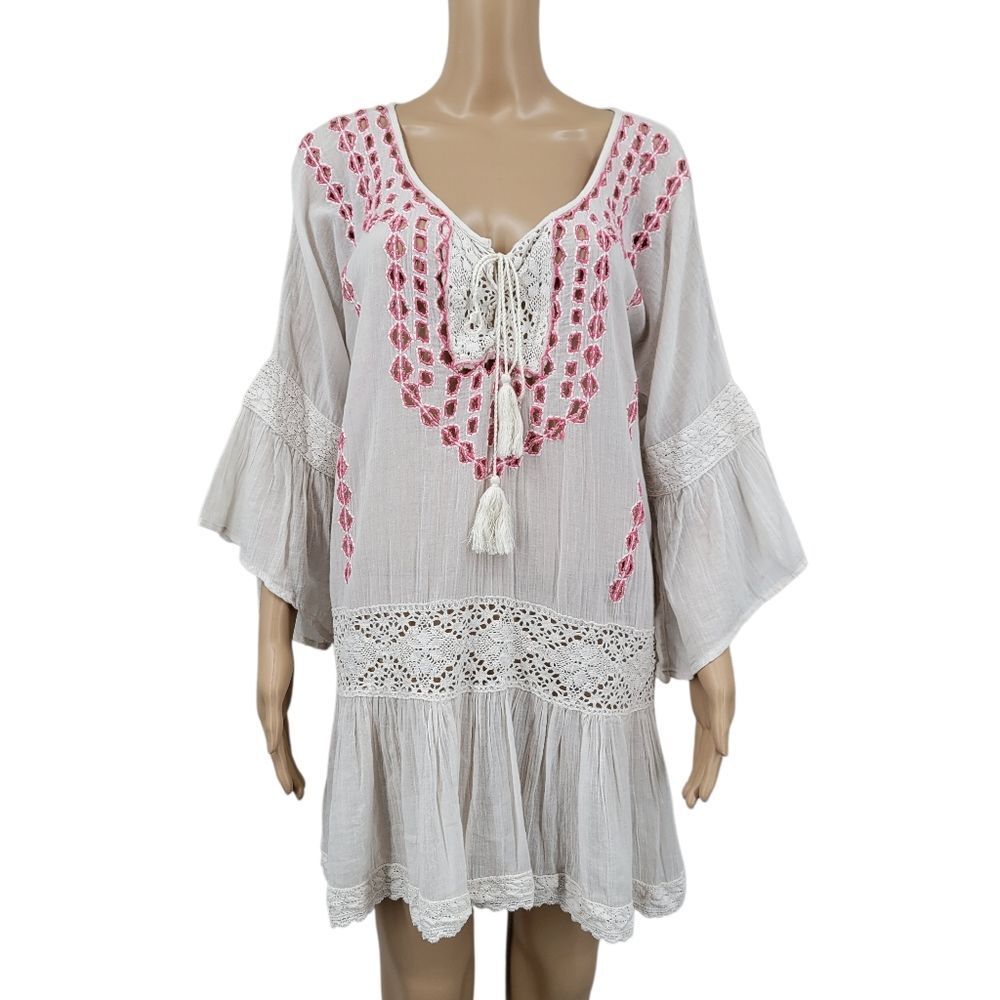 Amita Naithani Boho White and Pink Embroidered Crochet Lace Cotton Top Tunic